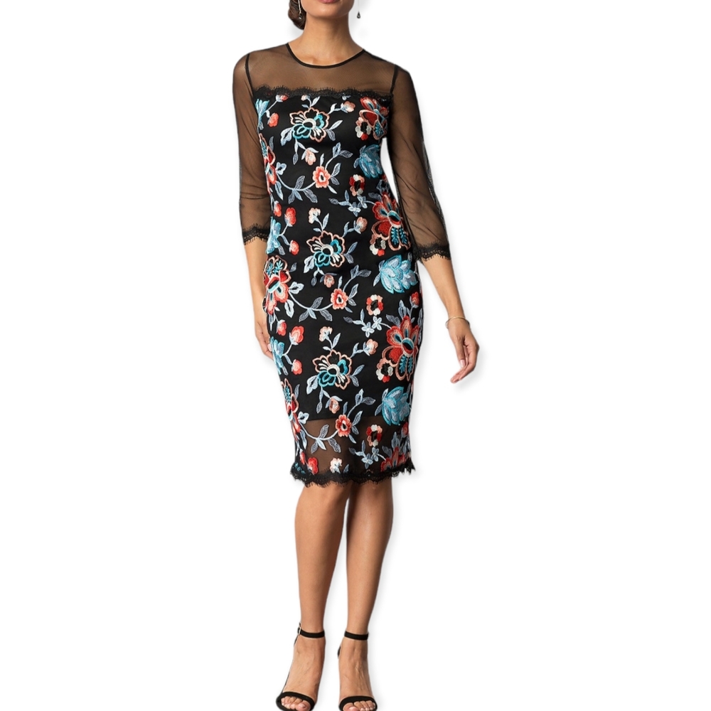 NEW Embroidered Floral Illusion Sheath Dress Size 6